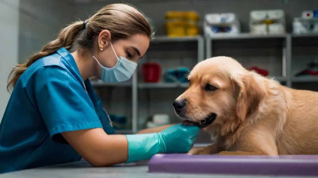 Profissional de máscara avaliando um cão na mesa da clínica