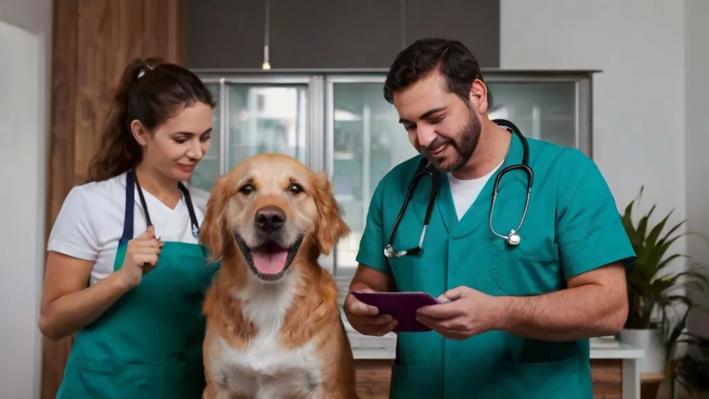 Equipe de clínica veterinária acompanhada de um cão
