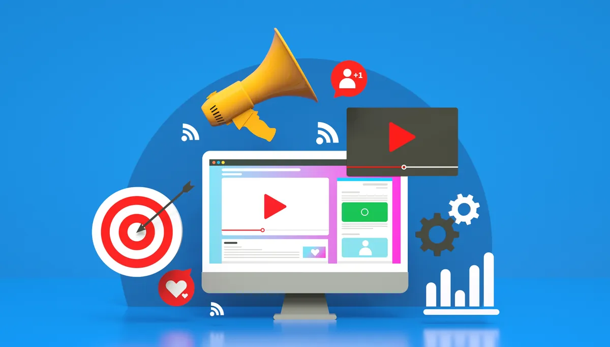 Ilustração de monitor com ícones de campanha e métricas de marketing