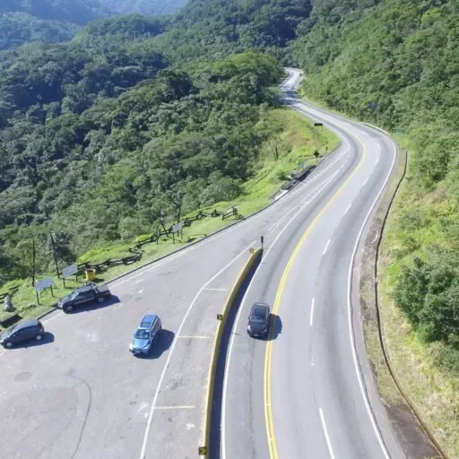 Rodovia sinuosa cercada de mata vista de cima